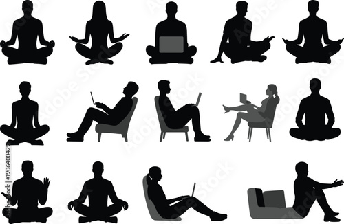 Silhouettes of fifteen people seated in meditation and digital work poses, symbolizing mindfulness, technology balance, relaxation, focus, diversity, and connection