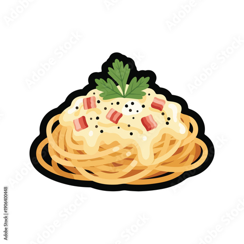 A plate of spaghetti with bacon