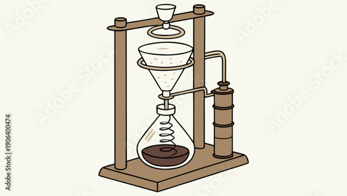 A vector graphic illustration of a coffee siphon brewing device on a beige background