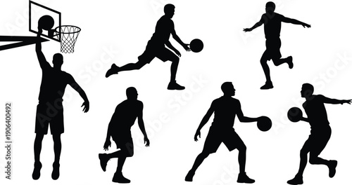 Silhouettes of six basketball players in dynamic action poses, dribbling, dunking, shooting, passing, symbolizing athleticism, teamwork, energy, competition, and sport