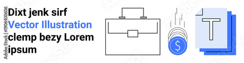Finance, communication, business planning, professional tools, monetary management, corporate strategy. Briefcase, falling coins and text documents. Finance and business planning concept