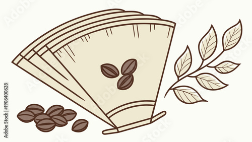 A minimalist vector illustration of a coffee filter with coffee beans and leaves