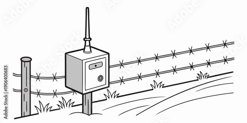 A vector graphic illustration of a fence alarm system with barbed wire and a control box