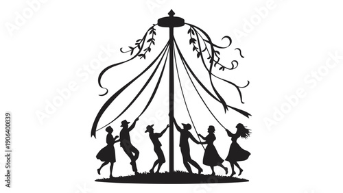 People dance around a maypole with ribbons on a sunny day.