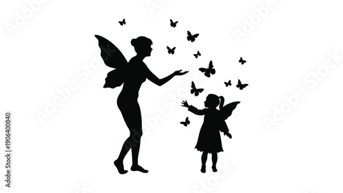 Silhouette of a fairy and child releasing butterflies into the air.