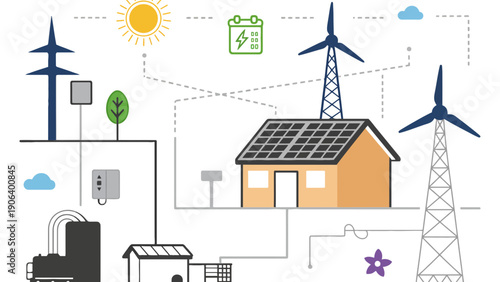 Renewable energy sources power a home and grid system.