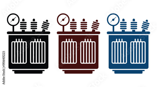 Industrial power transformer icons, colored in black, maroon, and blue, suitable for electrical engineering design