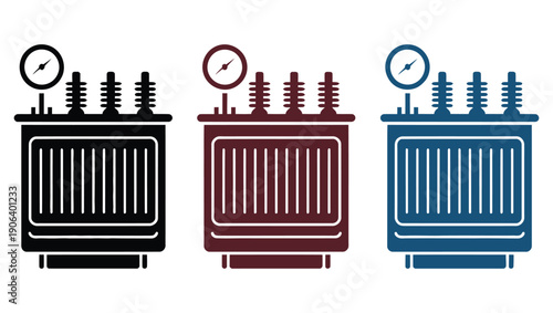 Industrial power transformer icons in black, maroon, and blue, vector illustrations for electrical engineering, power systems, energy projects, technical diagrams
