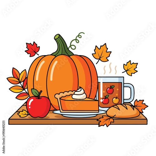 Autumnal still life with pumpkin pie