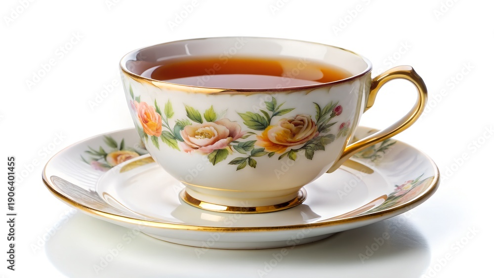 Fototapeta premium Delicate floral tea cup and saucer with golden trim