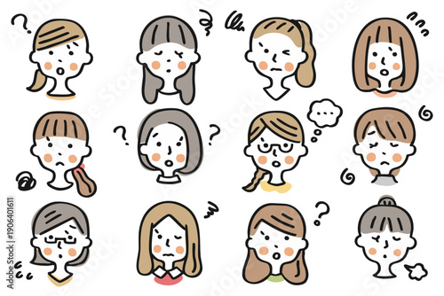 女性の顔のアイコンセット①困った表情