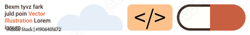 Tech industry, coding, cloud computing, healthcare, programming, digital transformation. Elements include a cloud shape, code symbol and capsule. Tech industry and coding concept