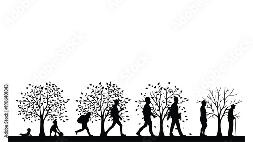 A silhouette illustration of a person's life journey from childhood to old age