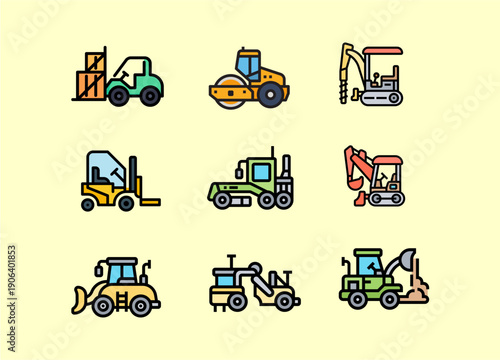 Heavy Equipment and Construction Vehicle Vector Icons