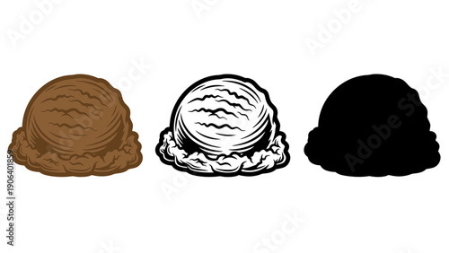 Three different colored ice cream scoops on a white background