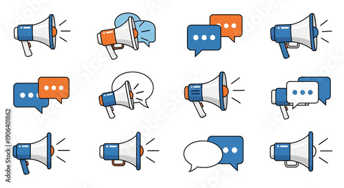 Megaphone icons set with speech bubbles.