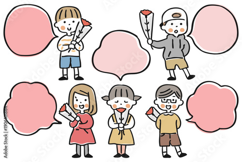 花を持つこどもと吹き出しのイラストセット【母の日】①