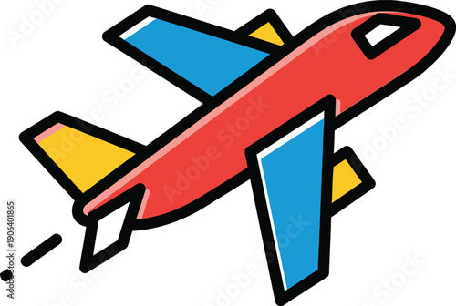 A cartoon airplane in flight with vibrant red blue and yellow colors on a white background