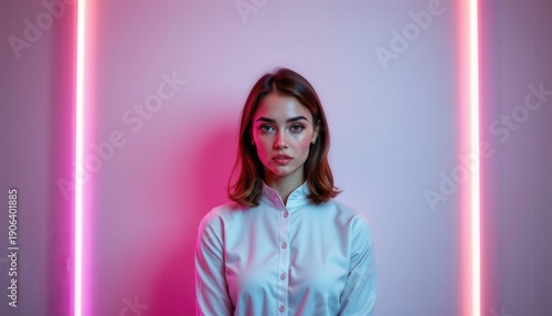 Young Woman Neonilluminated Modern Setting