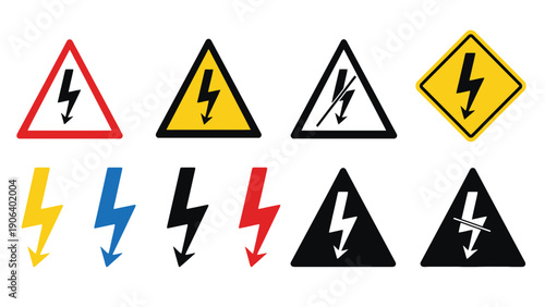 A collection of warning signs and lightning bolt symbols on a white background