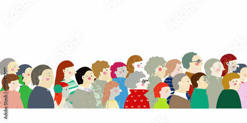 A diverse group of illustrated people stand closely together