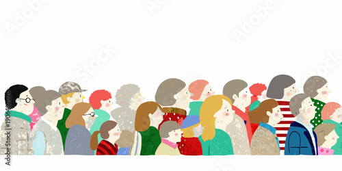 A diverse group of illustrated people standing closely together