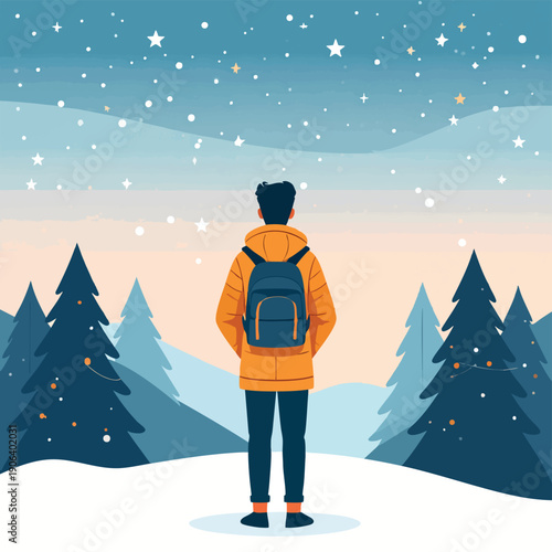 Man standing alone in a snowy landscape with trees under a starry night sky