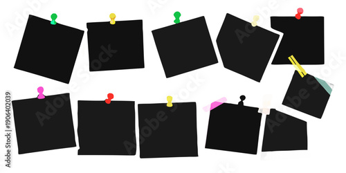 Black sticky notes pinned to a dark background with colorful pushpins