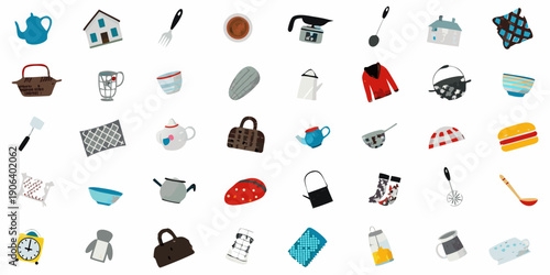 Collection of colorful flat design icons representing household objects and food