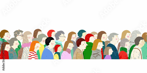 A diverse crowd of stylized figures stands together in a horizontal line