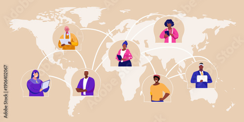 Diverse people connecting globally through video conferencing and digital networks