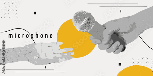 A hand offering a microphone towards a yellow circle on a patterned background