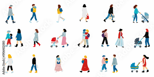 Diverse group of people walking and interacting in a minimalist style