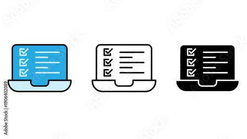 Three laptops with checklists on the screen in different colors