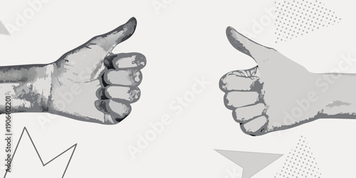 Two hands giving thumbs up signs against a geometric background