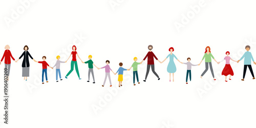 A colorful line of diverse people holding hands in a circle