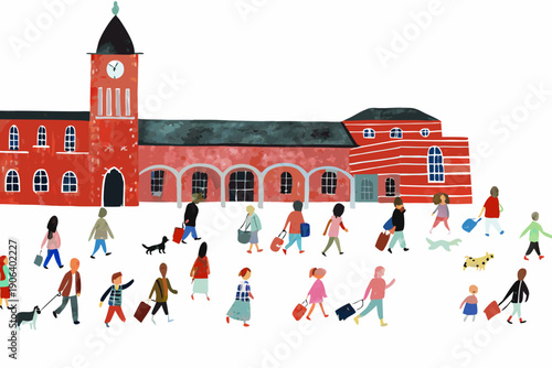 Illustration of a red building with a crowd of people in front