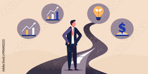 A businessman contemplates a road leading to success innovation and financial growth