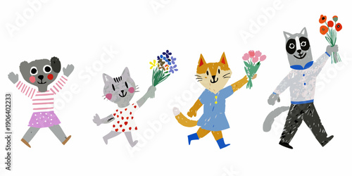A charming illustration of animals holding flowers in a playful line