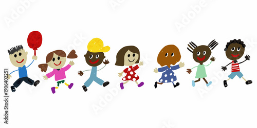 A line of diverse stick figure children are joyfully running and playing together