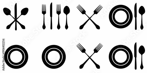 Minimalist black and white illustration of various dining tableware items