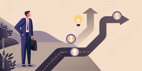 A businessman contemplates a path forward with ideas and financial growth