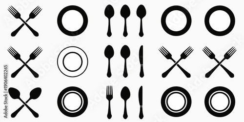 Black and white illustration of cutlery and plates arranged in patterns