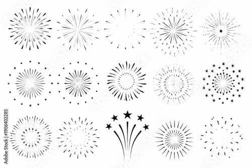 Black and white illustration of various firework shapes and starbursts
