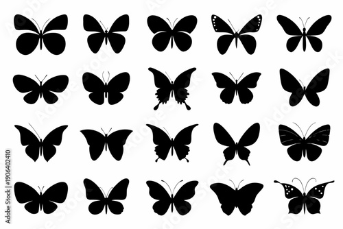 Collection of black butterfly silhouettes arranged in a grid pattern