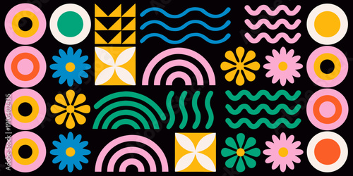 Abstract geometric patterns in vibrant colors against a black background