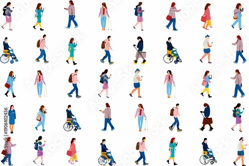 Diverse group of people walking and engaging in everyday activities