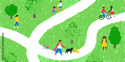 People enjoying a sunny day in a stylized green park setting