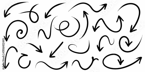 Collection of hand drawn black arrows in various curved and linear forms