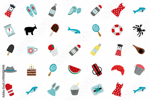 Colorful summer icons depicting food objects and marine life